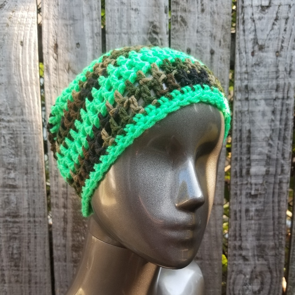NWT Handmade Crochet Unisex Neon Green and Camo Hat Size S-L